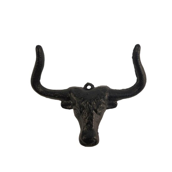 Cast Iron Bull Head Shaped Hat Holder Wall Coat Hook With Rustic Black Finish De - Picture 4 of 9
